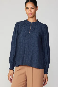 Current Air Long Sleeve Tops-Jacquard Ruffled Neck Blouse NAVY