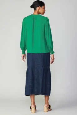 Current Air Long Sleeve Tops-Jacquard Ruffled Neck Blouse GREEN