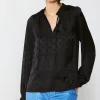 Current Air Long Sleeve Tops-Jacquard Split Neck Blouse BLACK