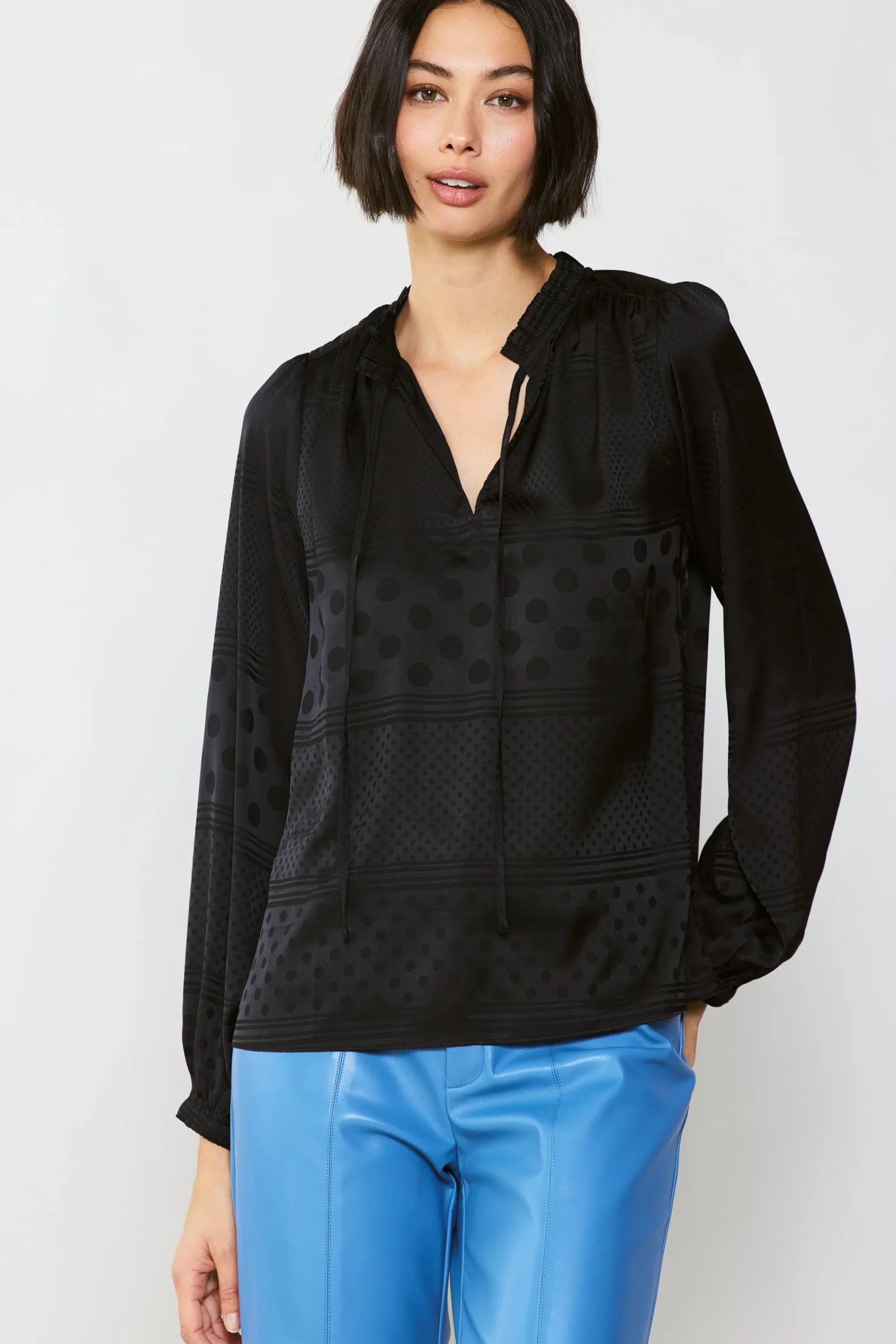 Current Air Long Sleeve Tops-Jacquard Split Neck Blouse BLACK