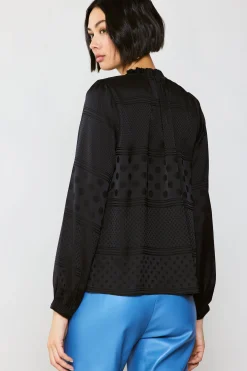 Current Air Long Sleeve Tops-Jacquard Split Neck Blouse BLACK