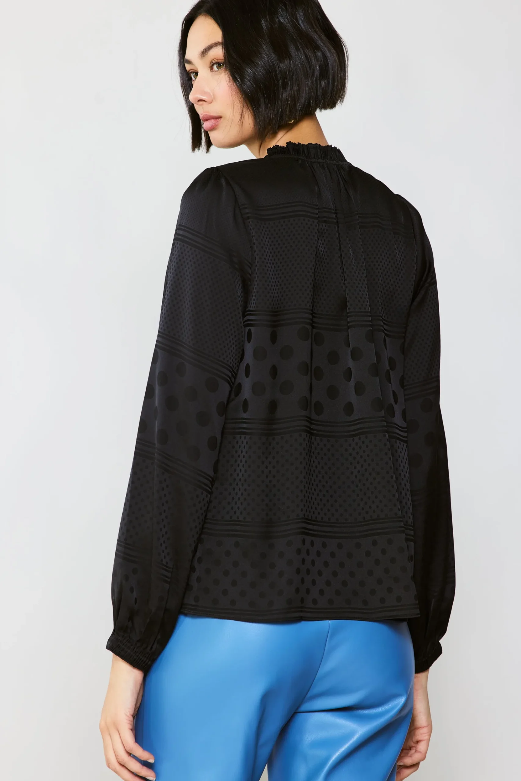 Current Air Long Sleeve Tops-Jacquard Split Neck Blouse BLACK