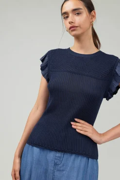 Current Air Knitwear-Knit Crewneck Ruffled Tank NAVY