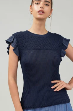 Current Air Knitwear-Knit Crewneck Ruffled Tank NAVY
