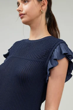 Current Air Knitwear-Knit Crewneck Ruffled Tank NAVY