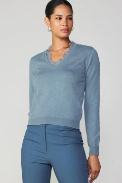 Current Air Long Sleeve Tops | Sweaters-Lace Collar Sweater Top DUSTYBLUE