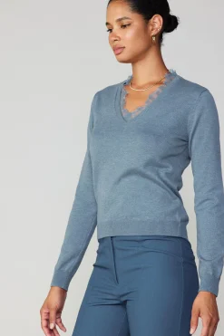 Current Air Long Sleeve Tops | Sweaters-Lace Collar Sweater Top DUSTYBLUE