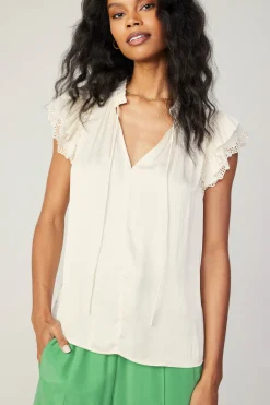 Current Air Short Sleeve Tops-Lace Flutter Sleeve Blouse CREAM