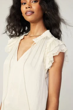 Current Air Short Sleeve Tops-Lace Flutter Sleeve Blouse CREAM