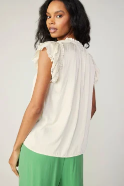 Current Air Short Sleeve Tops-Lace Flutter Sleeve Blouse CREAM