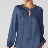 Current Air Long Sleeve Tops-Lace Panel Blouse NAVY