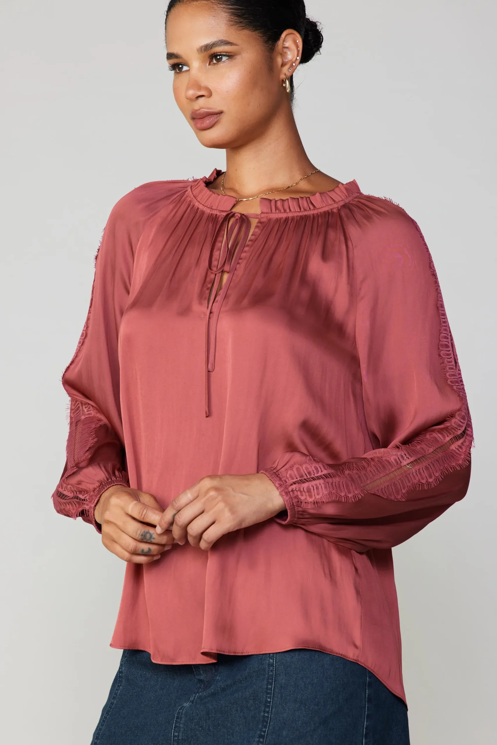 Current Air Long Sleeve Tops-Lace Panel Blouse ROUGE