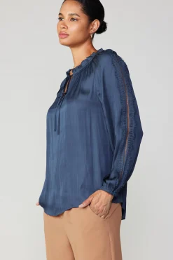 Current Air Long Sleeve Tops-Lace Panel Blouse NAVY