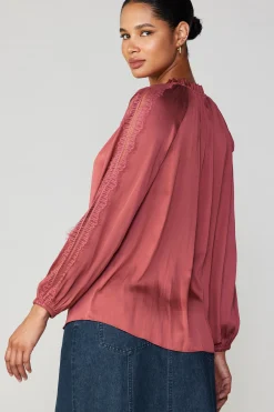 Current Air Long Sleeve Tops-Lace Panel Blouse ROUGE