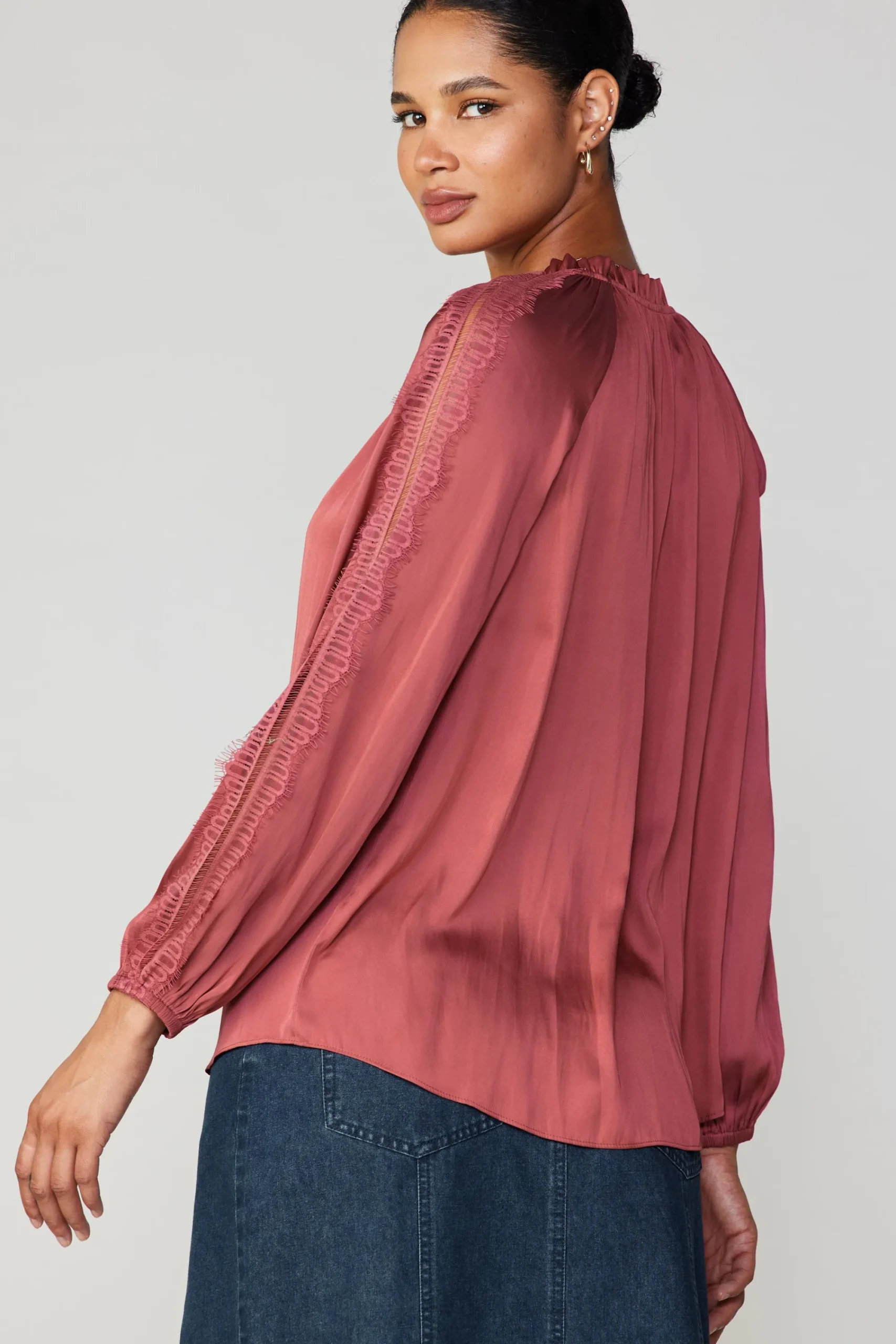 Current Air Long Sleeve Tops-Lace Panel Blouse ROUGE