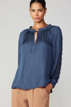 Current Air Long Sleeve Tops-Lace Panel Blouse NAVY
