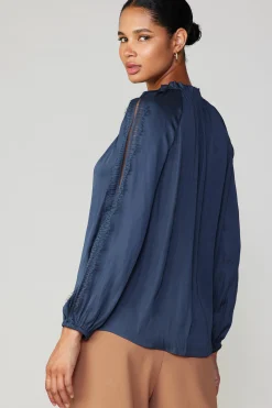 Current Air Long Sleeve Tops-Lace Panel Blouse NAVY