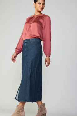 Current Air Long Sleeve Tops-Lace Panel Blouse ROUGE