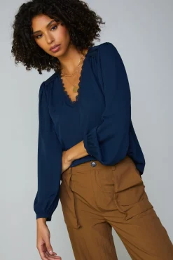 Current Air Long Sleeve Tops-Lace Trim Blouse NAVY
