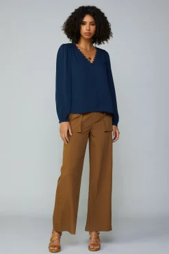 Current Air Long Sleeve Tops-Lace Trim Blouse NAVY