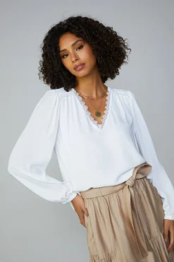 Current Air Long Sleeve Tops-Lace Trim Blouse WHITE