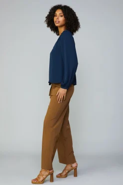 Current Air Long Sleeve Tops-Lace Trim Blouse NAVY