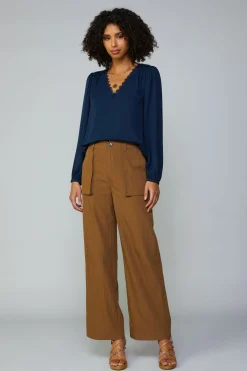 Current Air Long Sleeve Tops-Lace Trim Blouse NAVY