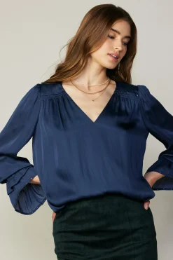 Current Air Long Sleeve Tops-Layered Cuff Blouse NAVY