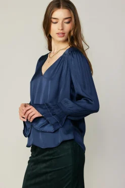 Current Air Long Sleeve Tops-Layered Cuff Blouse NAVY