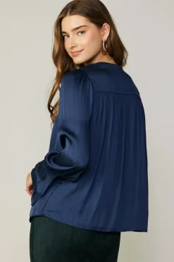 Current Air Long Sleeve Tops-Layered Cuff Blouse NAVY