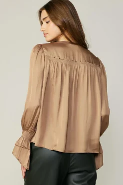 Current Air Long Sleeve Tops-Layered Cuff Blouse SAND