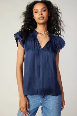 Current Air Short Sleeve Tops-Layered Lace Sleeve Top NAVY