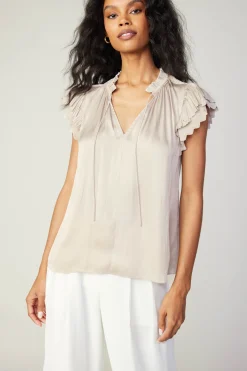 Current Air Short Sleeve Tops-Layered Lace Sleeve Top TAUPE
