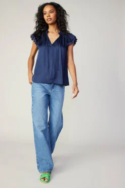 Current Air Short Sleeve Tops-Layered Lace Sleeve Top NAVY