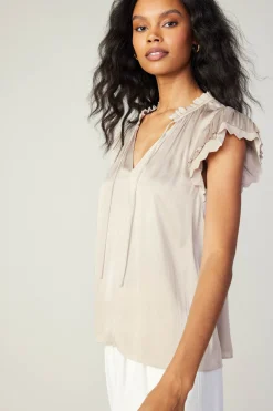 Current Air Short Sleeve Tops-Layered Lace Sleeve Top TAUPE