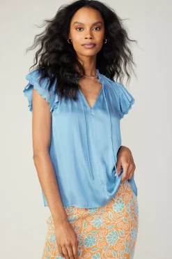 Current Air Short Sleeve Tops-Layered Lace Sleeve Top BABYBLUE