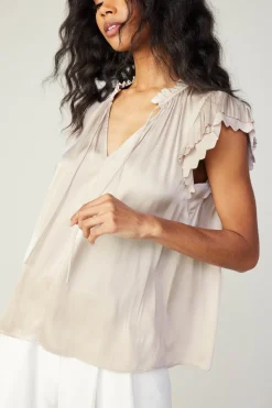 Current Air Short Sleeve Tops-Layered Lace Sleeve Top TAUPE