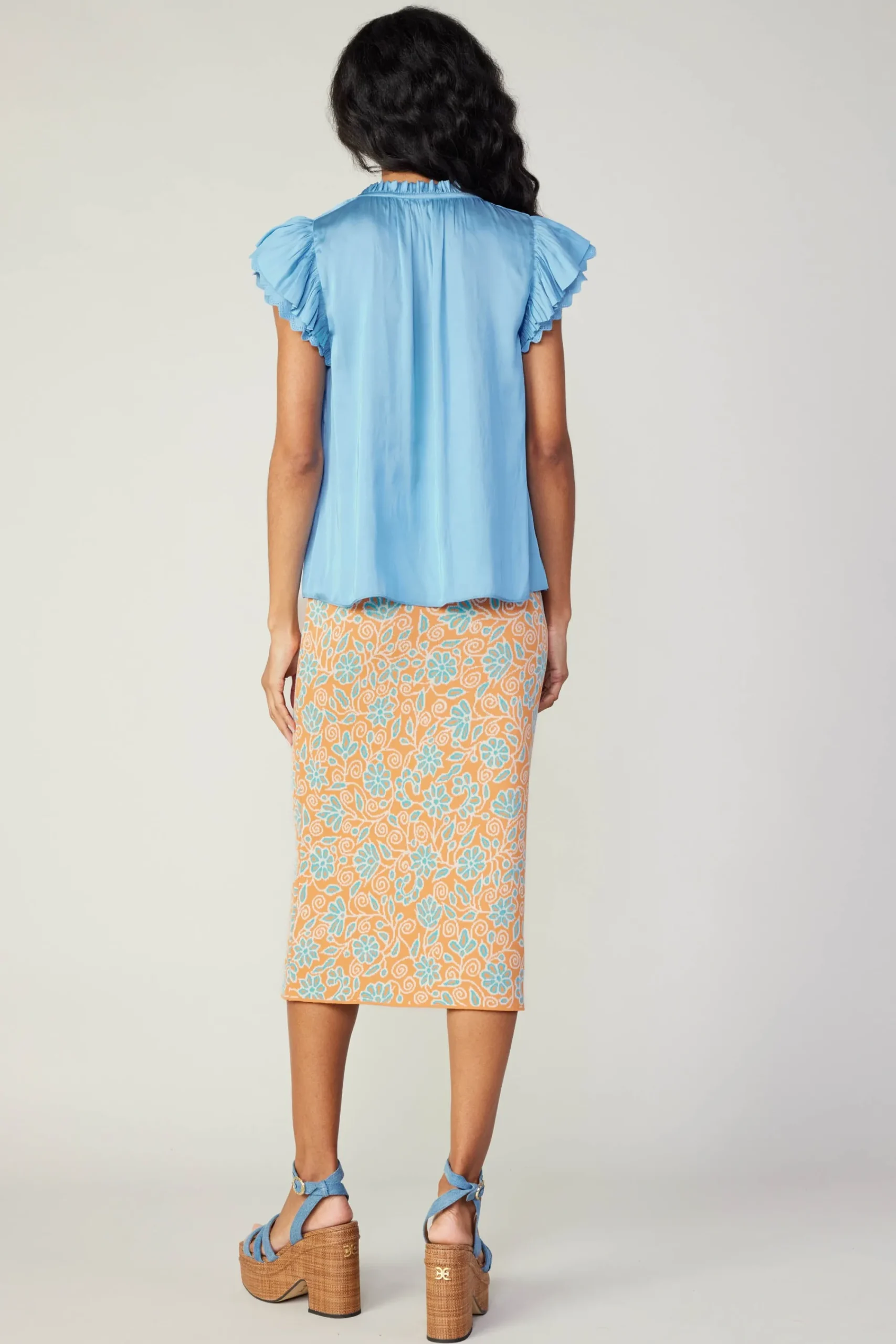 Current Air Short Sleeve Tops-Layered Lace Sleeve Top BABYBLUE