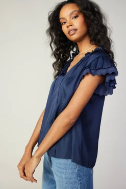 Current Air Short Sleeve Tops-Layered Lace Sleeve Top NAVY
