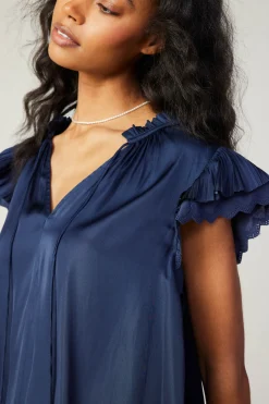 Current Air Short Sleeve Tops-Layered Lace Sleeve Top NAVY