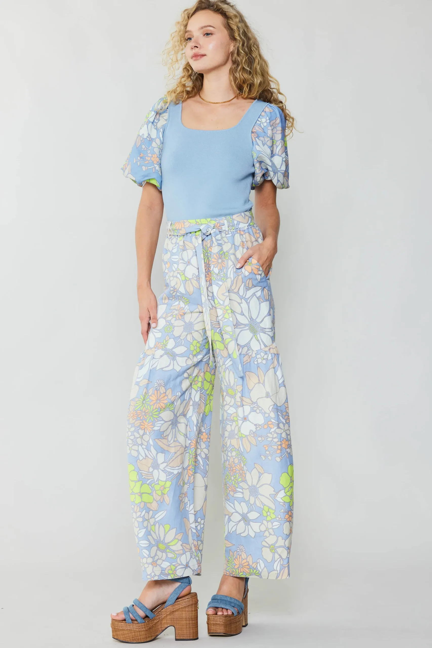 Current Air Pants-Linen Blend Floral Pants BLUE
