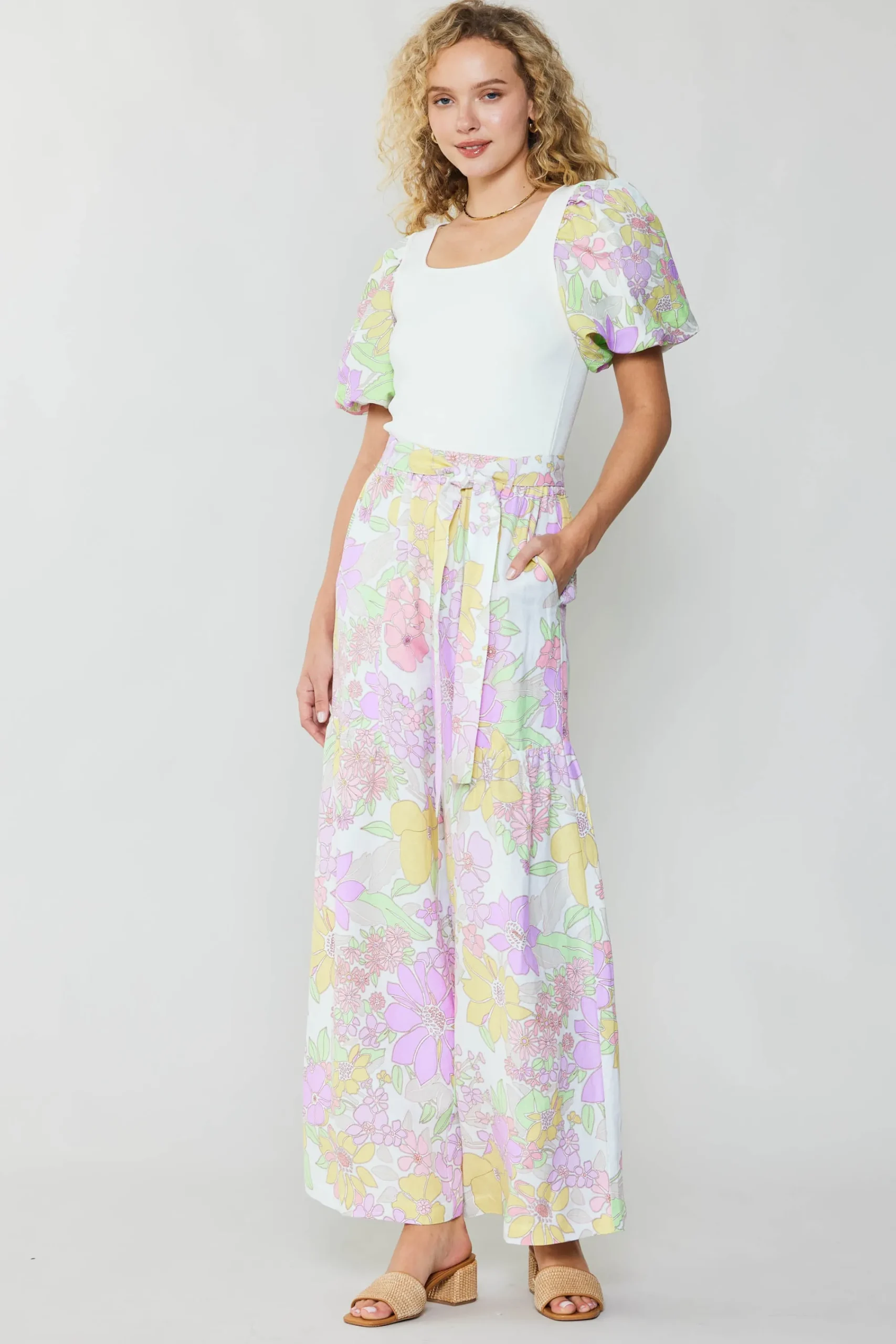 Current Air Pants-Linen Blend Floral Pants PINK
