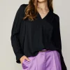 Current Air Long Sleeve Tops-Long Pleated Sleeve Blouse BLACK