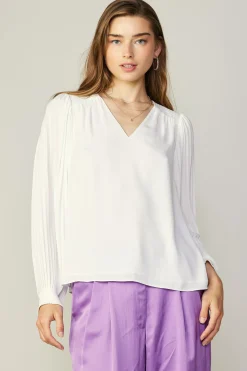 Current Air Long Sleeve Tops-Long Pleated Sleeve Blouse WHITE