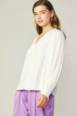 Current Air Long Sleeve Tops-Long Pleated Sleeve Blouse WHITE