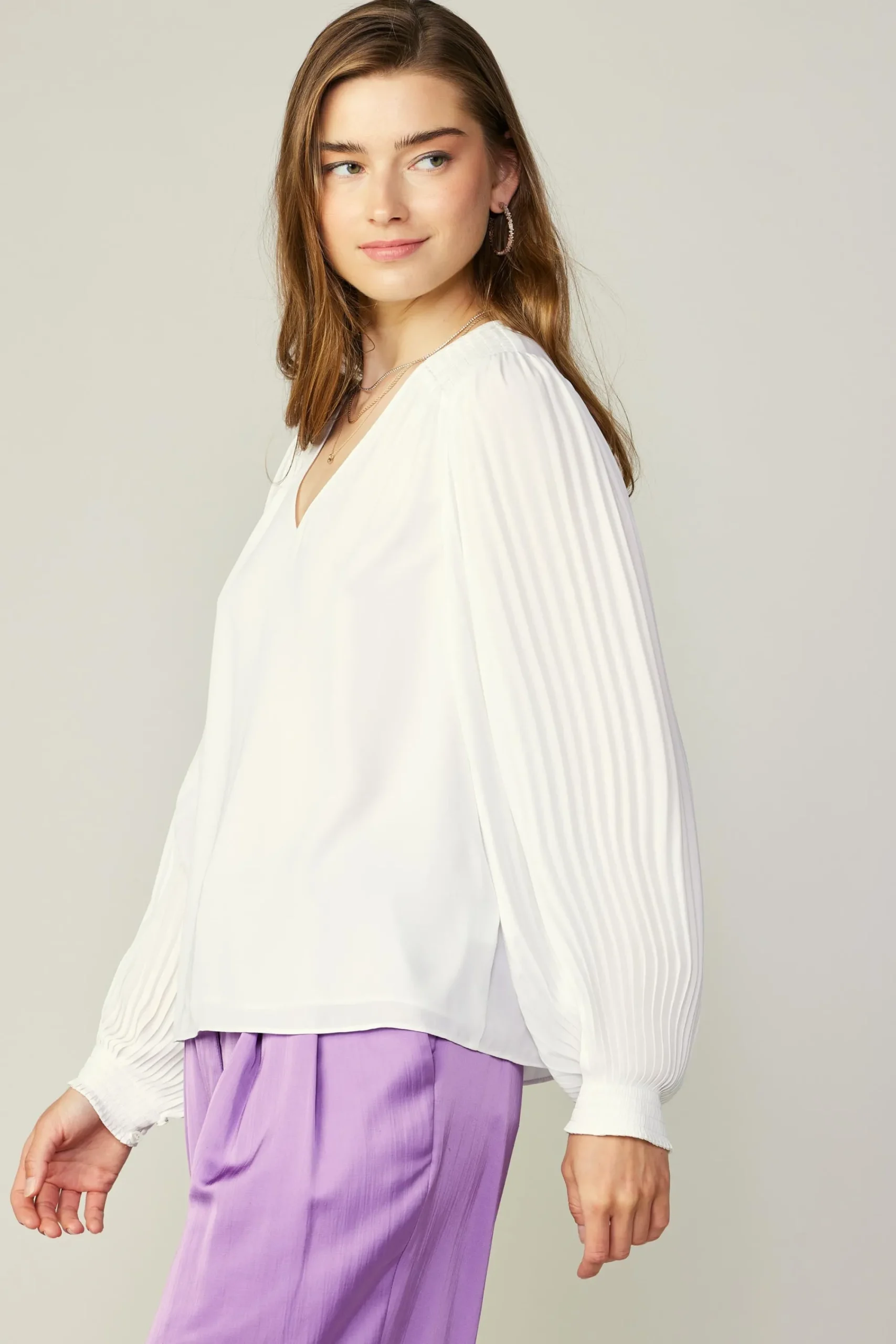 Current Air Long Sleeve Tops-Long Pleated Sleeve Blouse WHITE