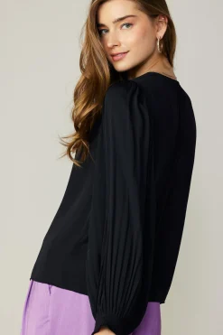 Current Air Long Sleeve Tops-Long Pleated Sleeve Blouse BLACK