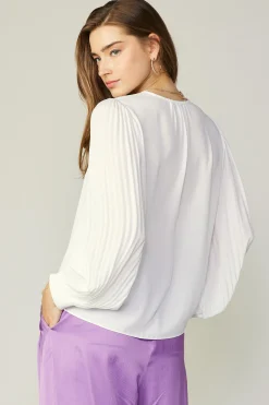 Current Air Long Sleeve Tops-Long Pleated Sleeve Blouse WHITE