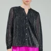 Current Air Long Sleeve Tops-Lurex Buttonup Blouse BLACK