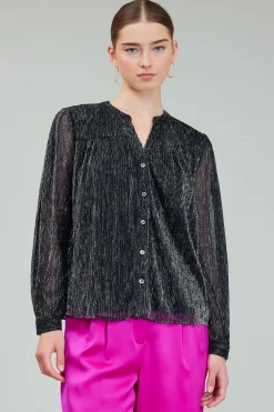 Current Air Long Sleeve Tops-Lurex Buttonup Blouse BLACK